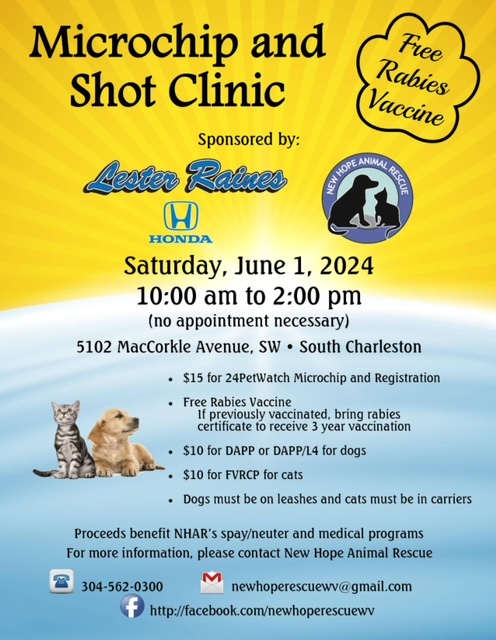 Microchip and Shot Clinic Saturday June 1, 2024
